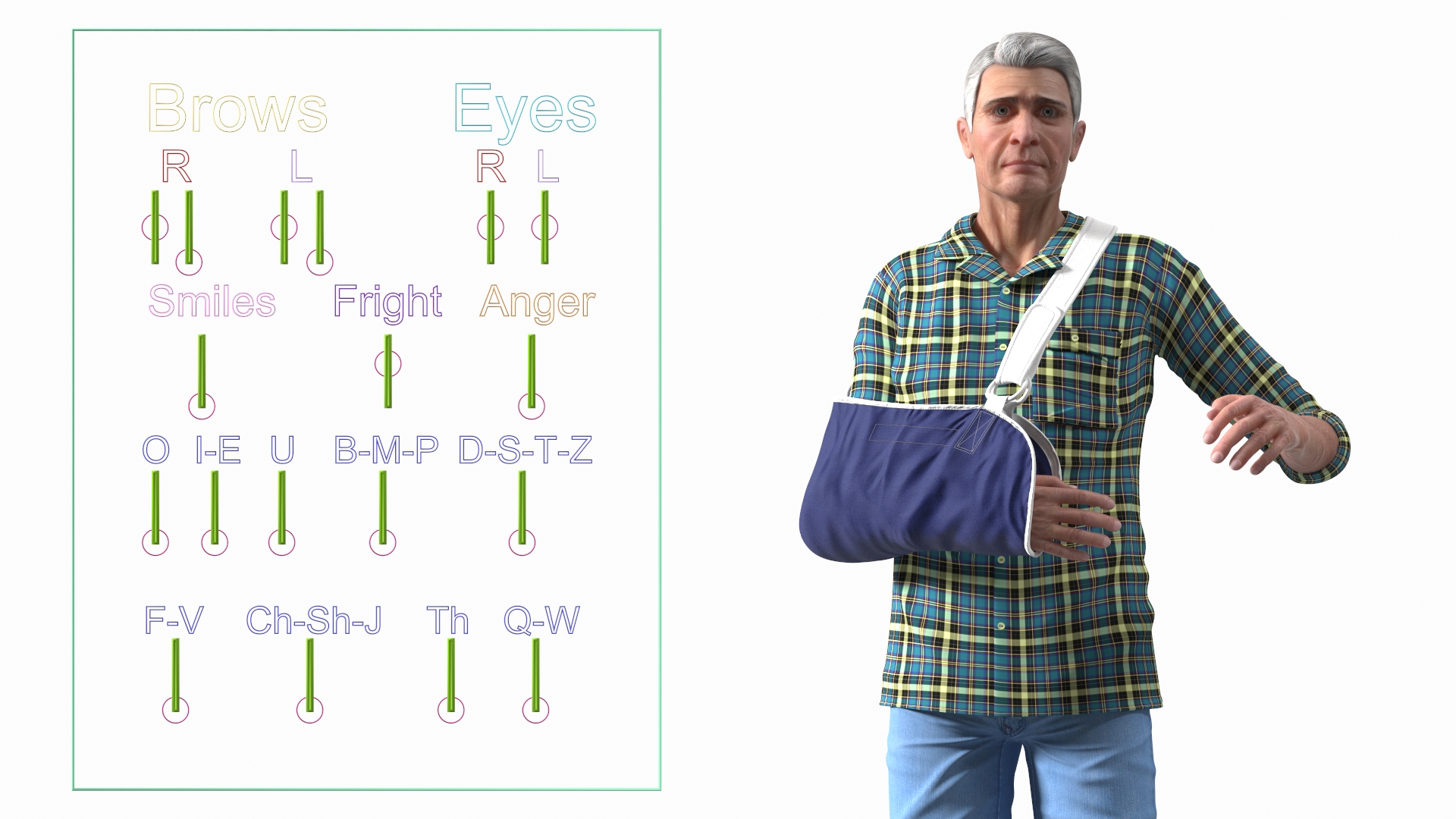 3D Elderly Man Arm Sling Bandage Hand Blue Rigged