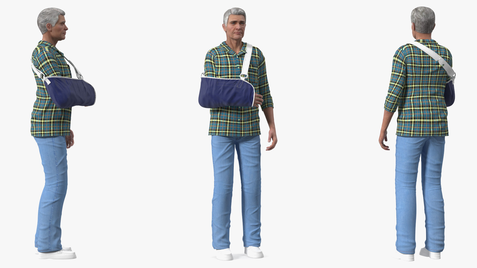 3D Elderly Man Arm Sling Bandage Hand Blue Rigged