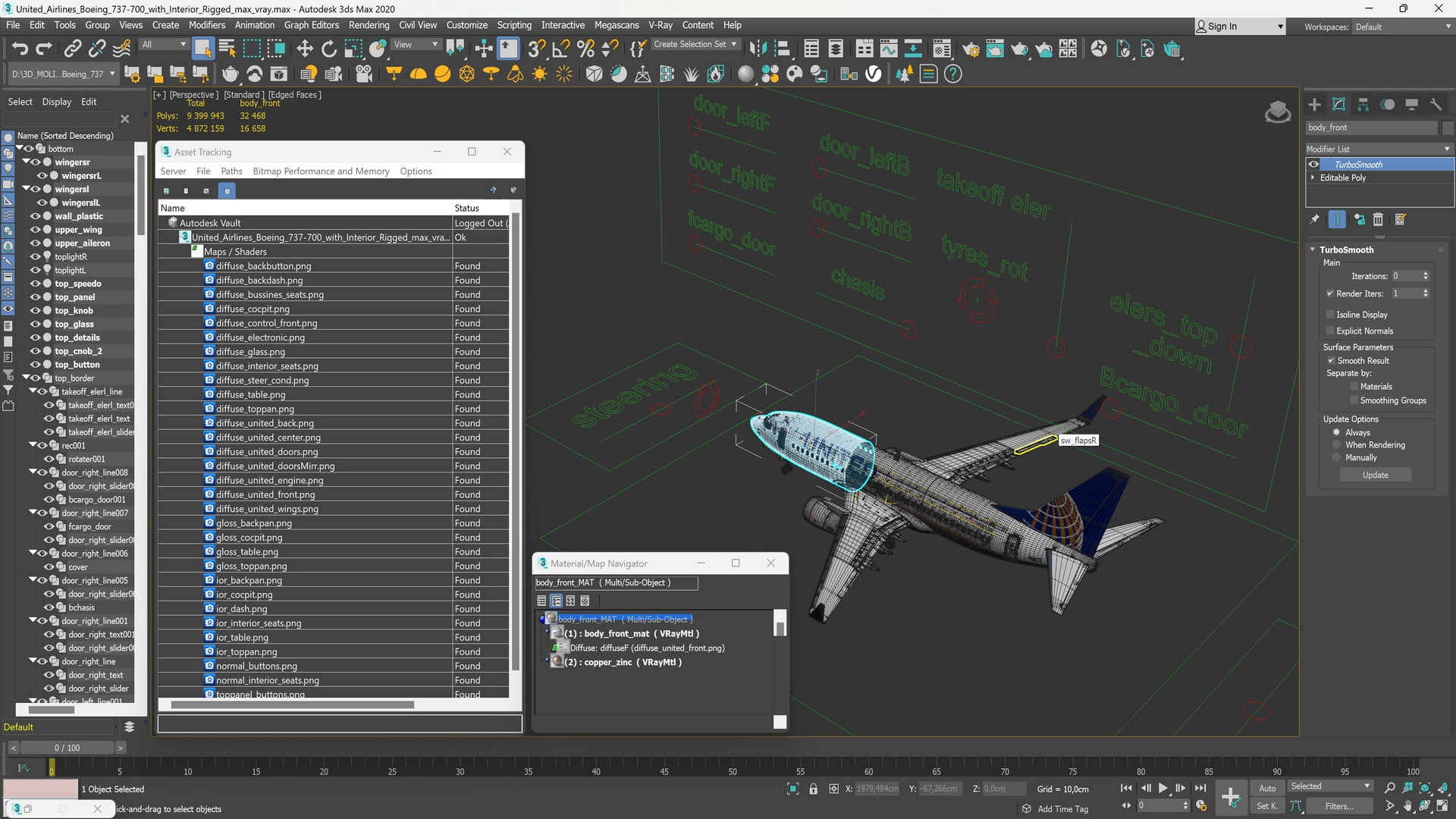 3D United Airlines Boeing 737-700 with Interior Rigged