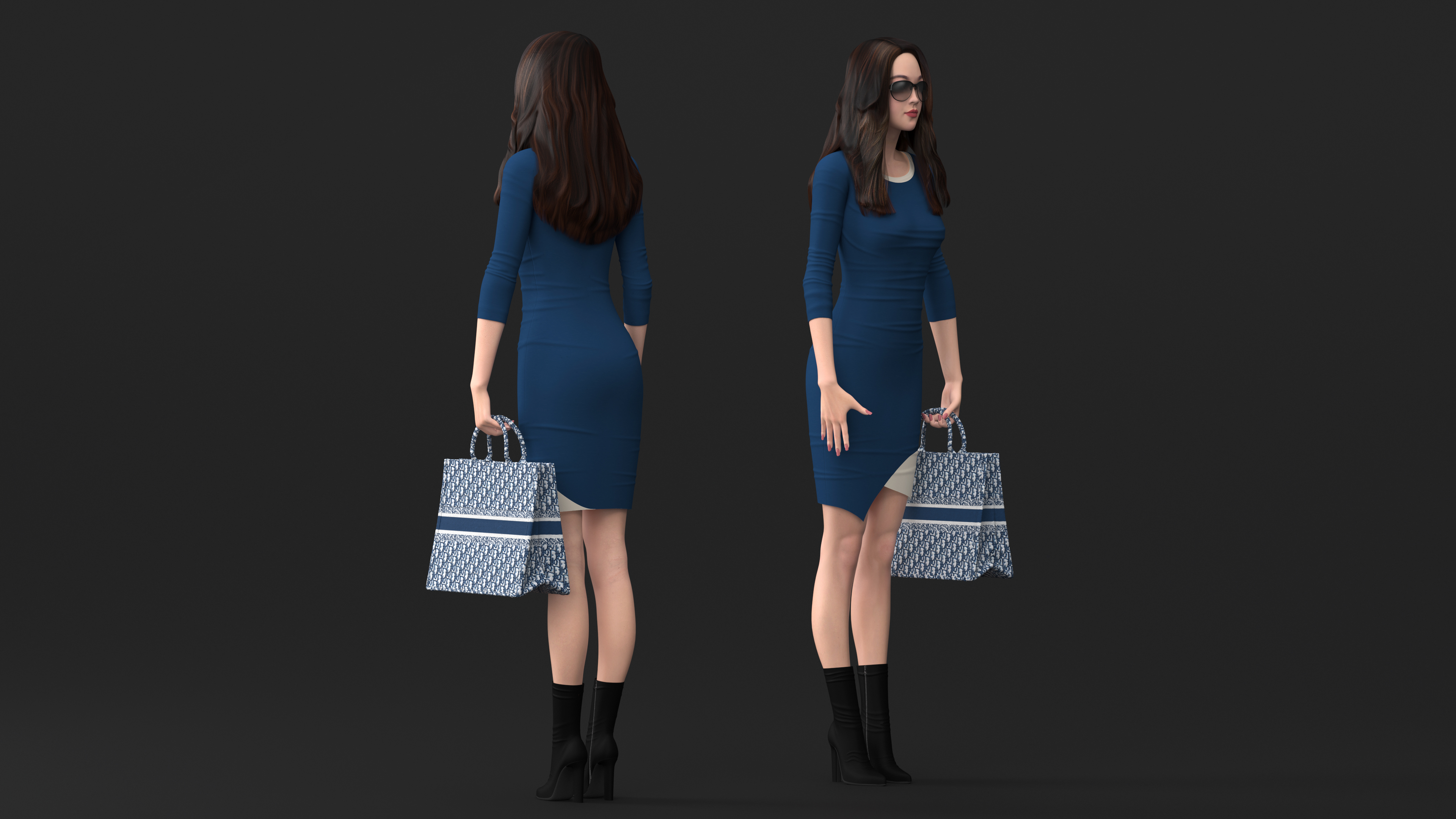 3D Lady Carrying Blue Embroidery Tote Bag model