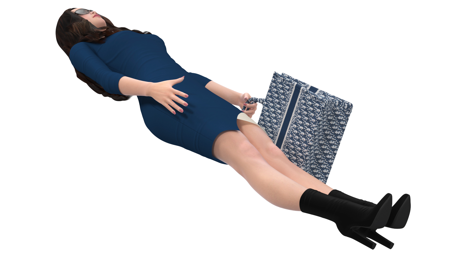 3D Lady Carrying Blue Embroidery Tote Bag model