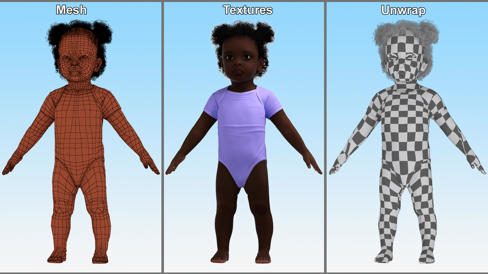 One Year Old Black Girl in Bodysuit Rigged 3D