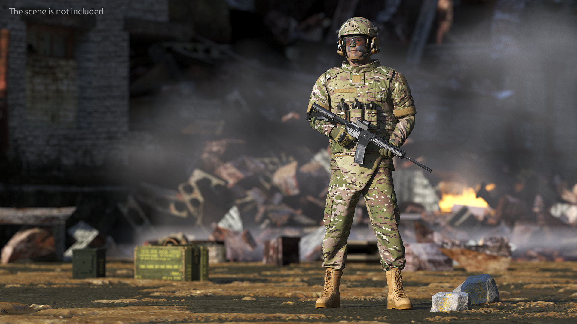 3D model Soldier in Green Tactical Gear with Rifle Standing