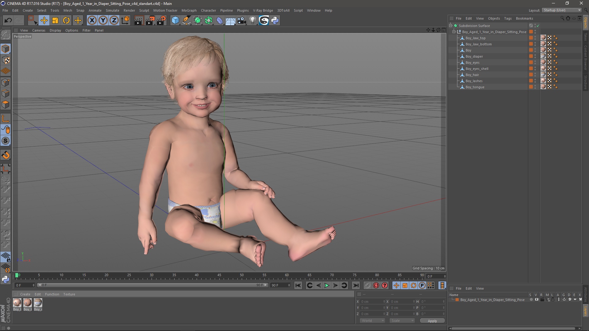 3D Boy Aged 1 Year in Diaper Sitting Pose model