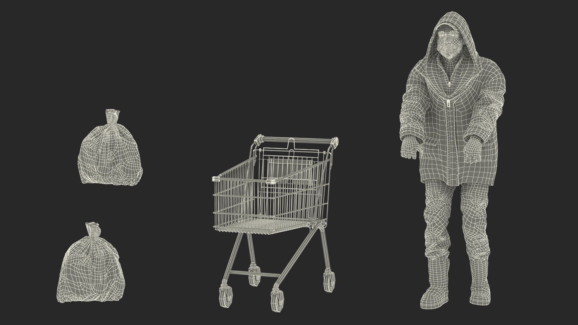 3D Homeless Man with Shopping Cart