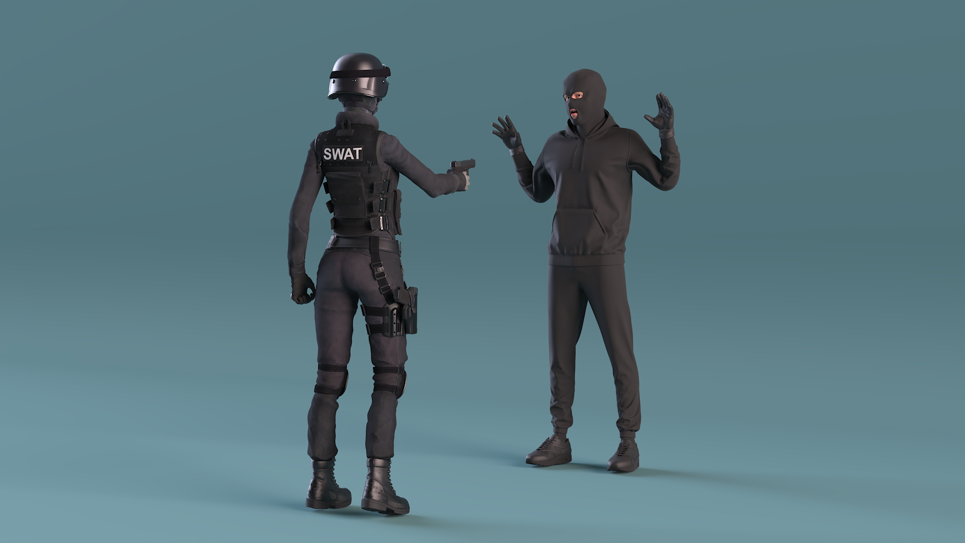 Robber Surrendering to Police Officer 3D