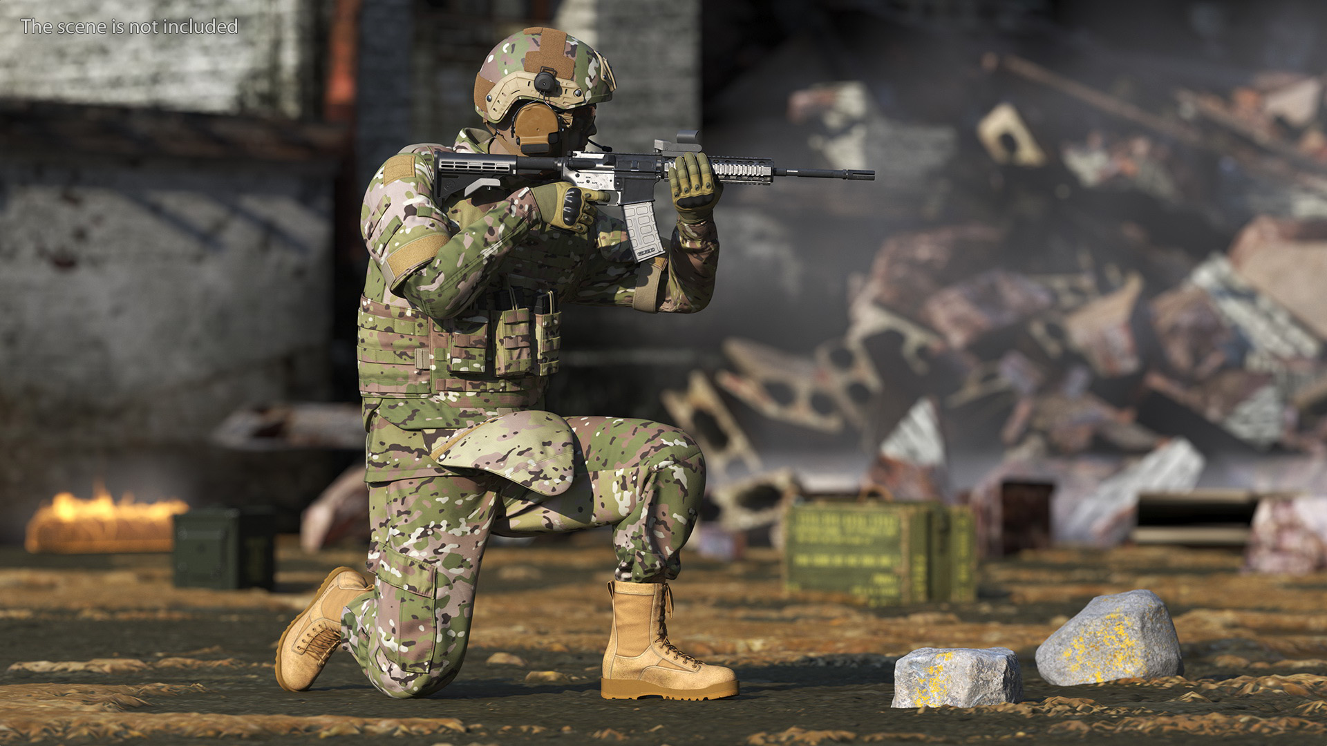 3D Army Soldier in Green Camo with Rifle Aiming Fur model