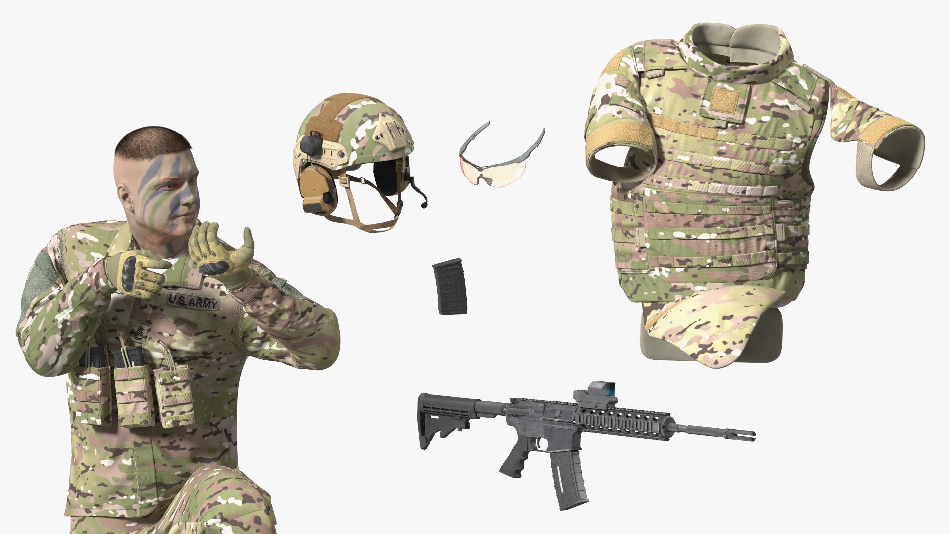 3D Army Soldier in Green Camo with Rifle Aiming Fur model