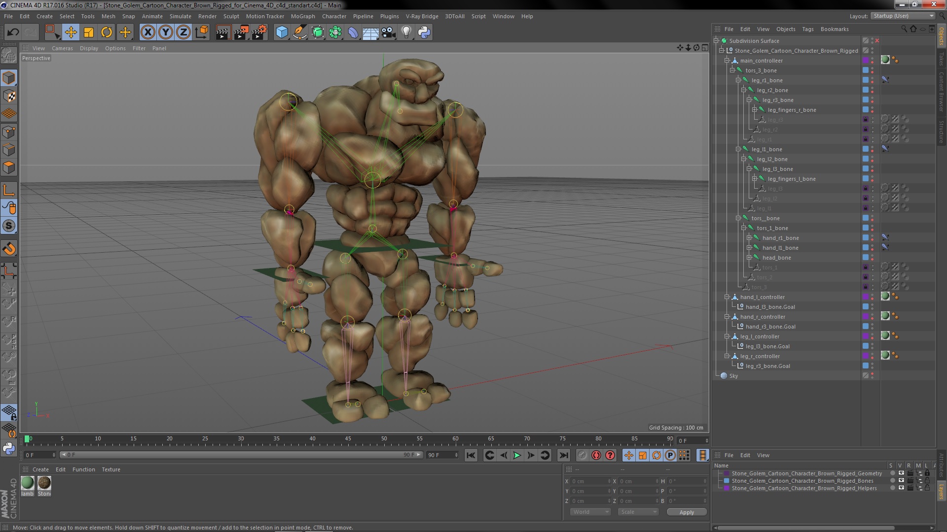 3D Stone Golem Cartoon Character Brown Rigged for Cinema 4D