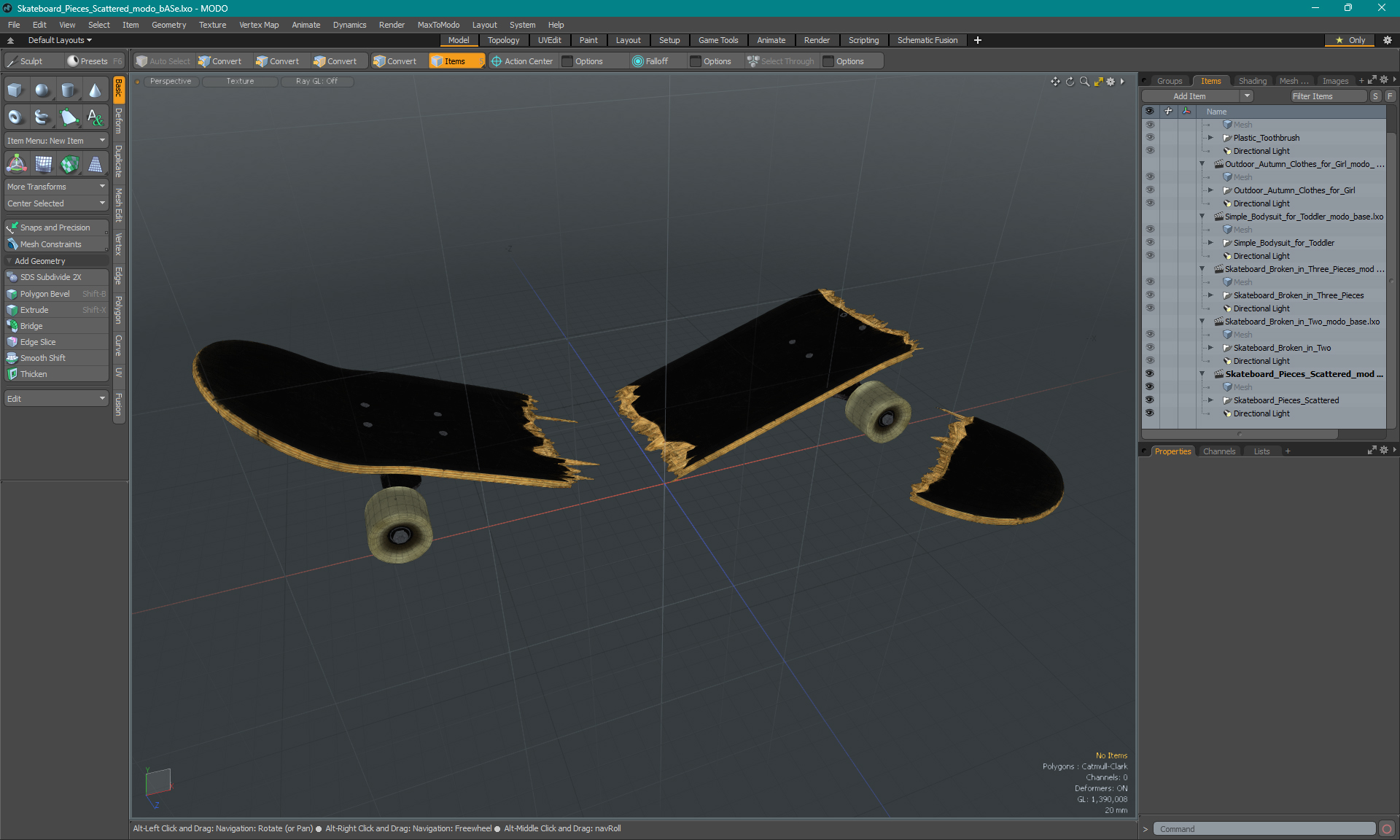 Skateboard Pieces Scattered 3D