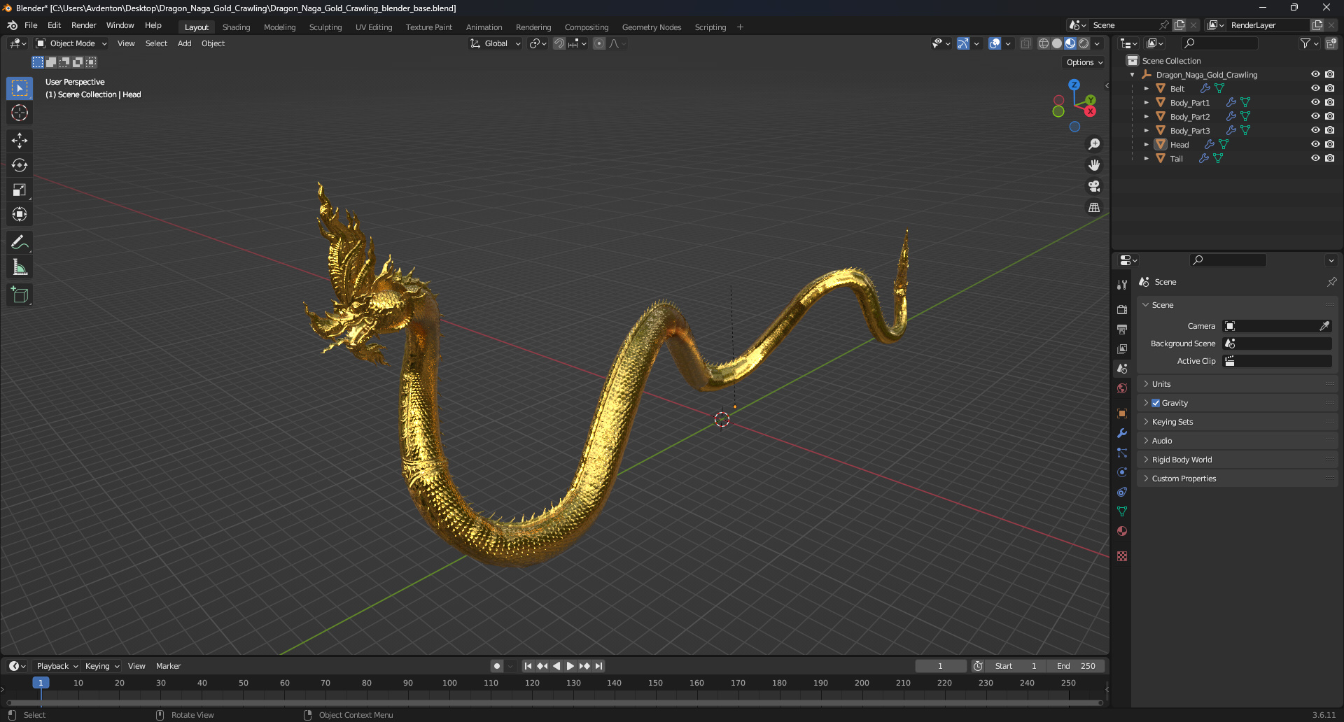 3D model Dragon Naga Gold Crawling