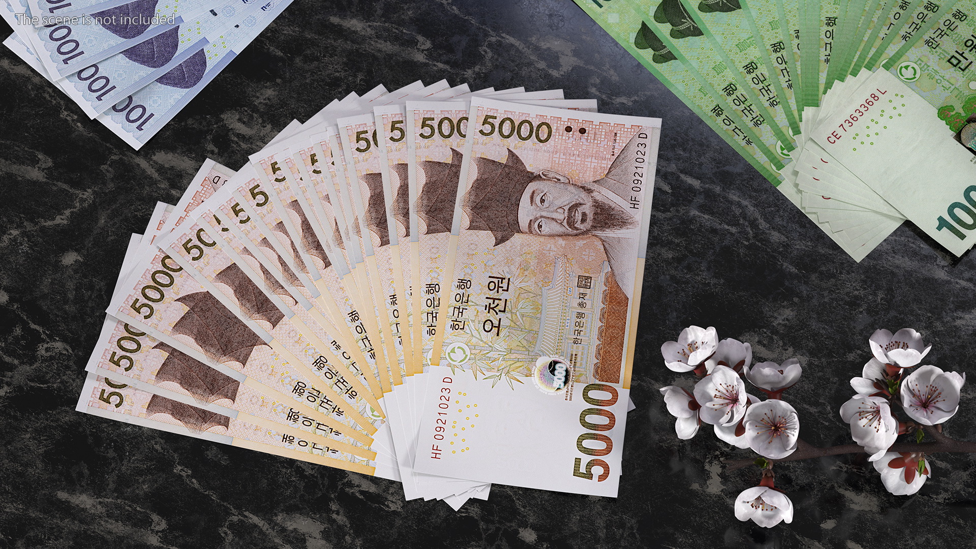 Fan Shaped South Korean 5000 Won Banknotes 3D