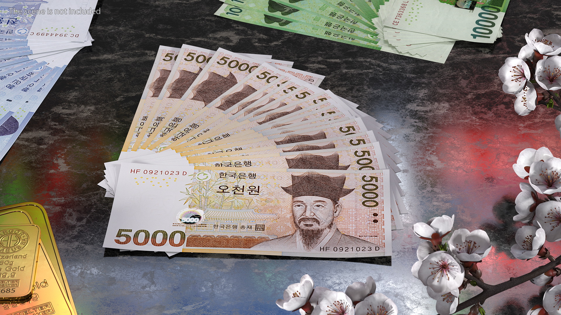 Fan Shaped South Korean 5000 Won Banknotes 3D