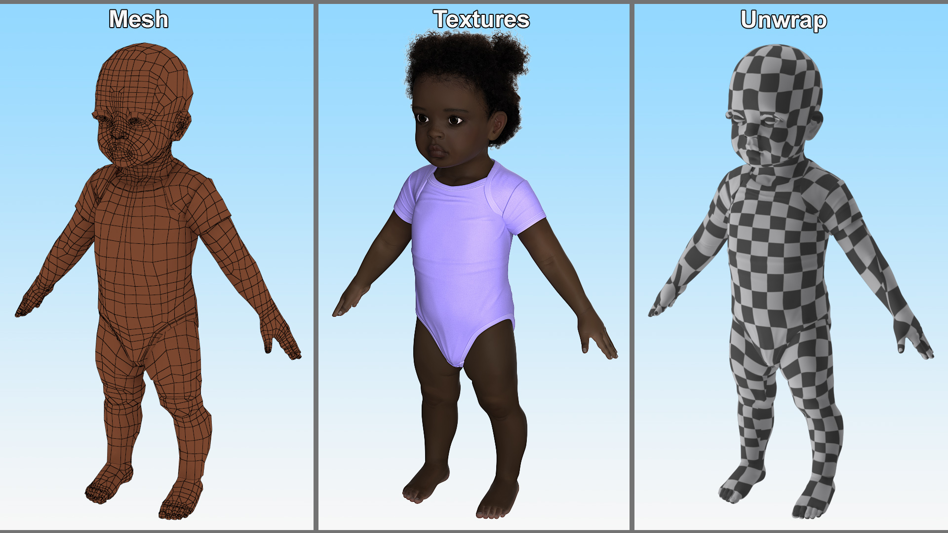 Baby Girl Dark Skin Wearing Bodysuit A-Pose Fur 3D