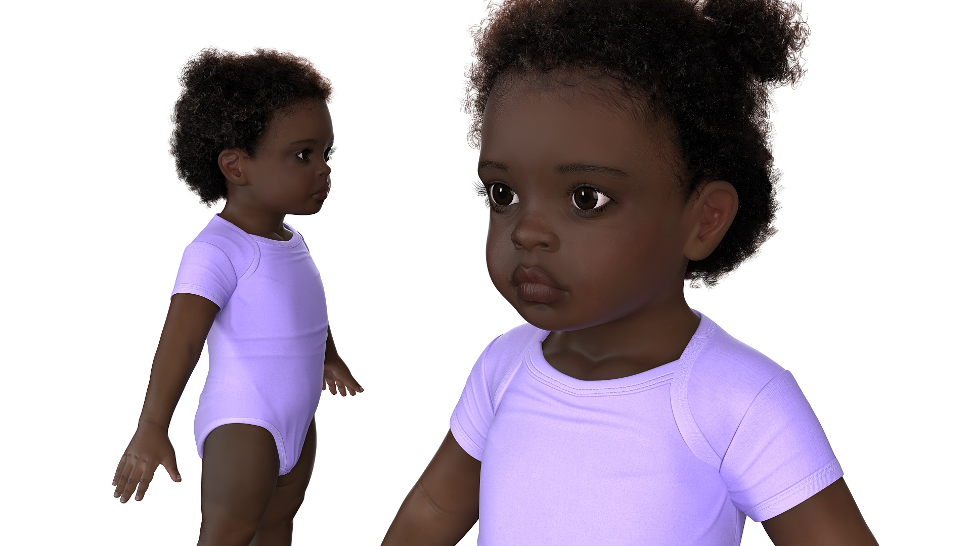 Baby Girl Dark Skin Wearing Bodysuit A-Pose Fur 3D