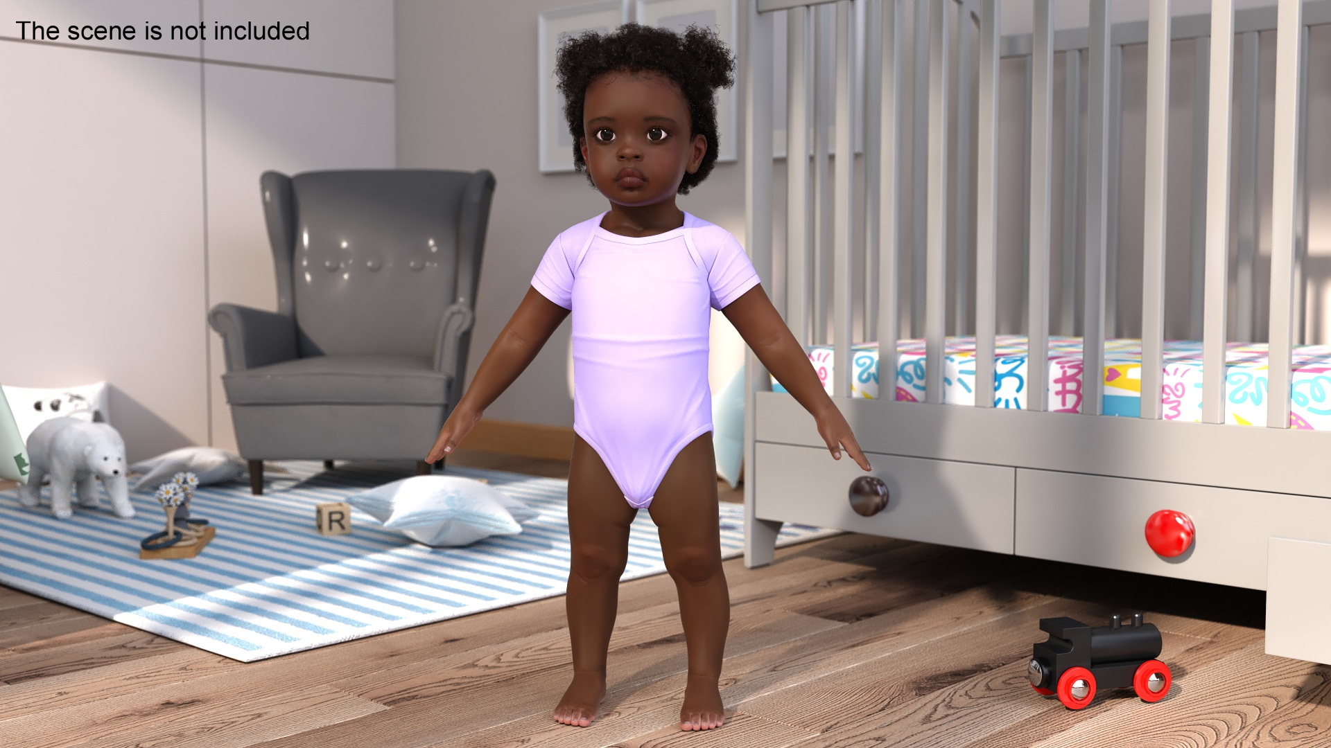 Baby Girl Dark Skin Wearing Bodysuit A-Pose Fur 3D