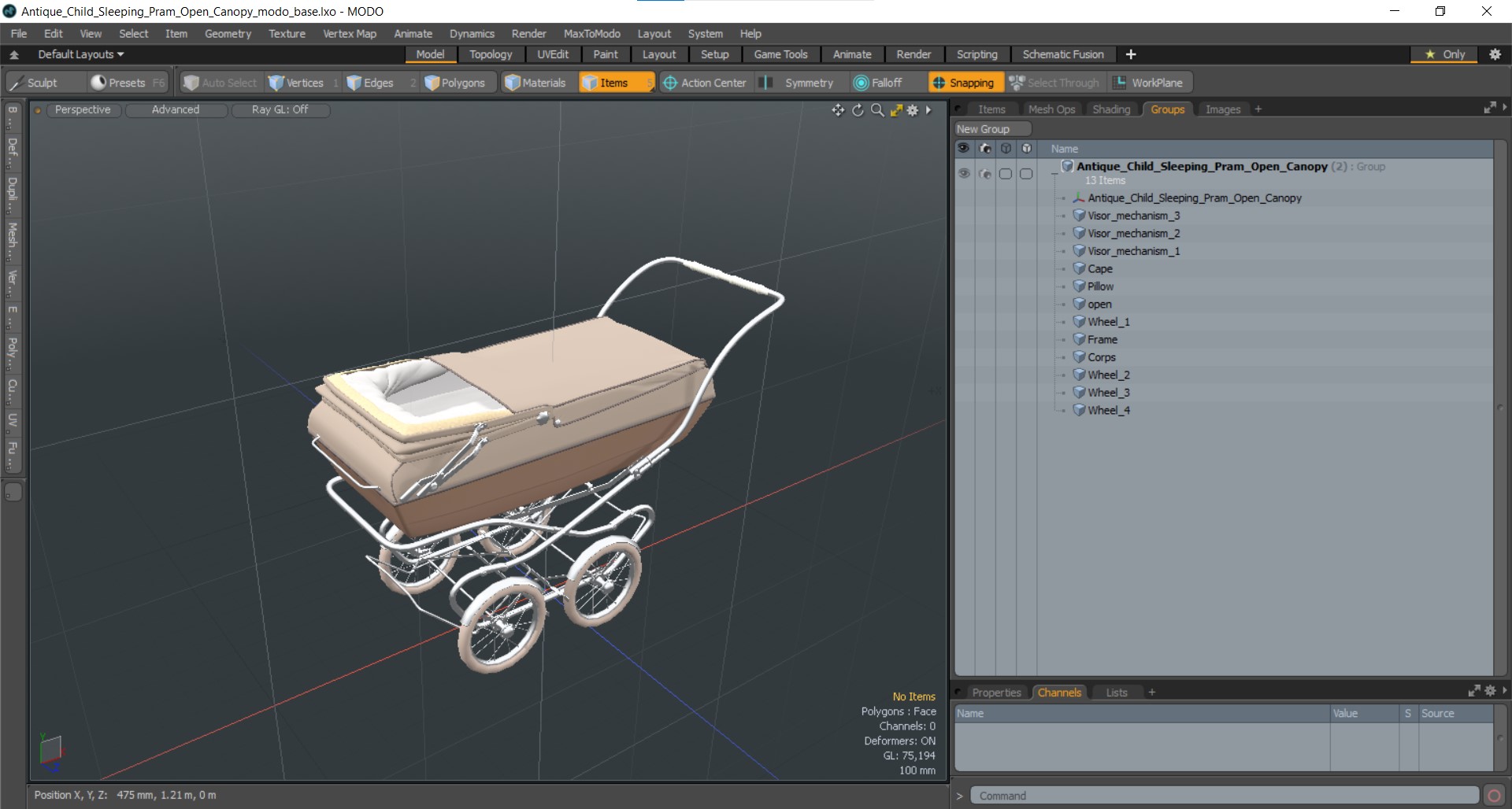 Antique Child Sleeping Pram Open Canopy 3D model