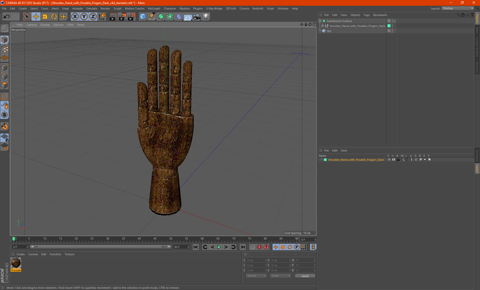 Wooden Hand with Posable Fingers Dark 3D