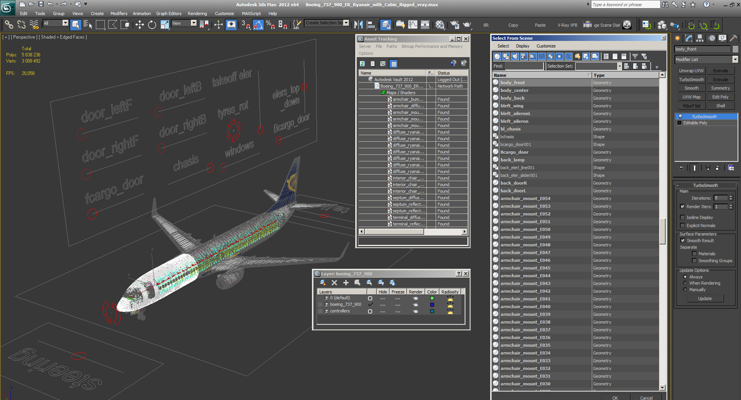 3D Boeing 737 900 ER Ryanair with Cabin Rigged model