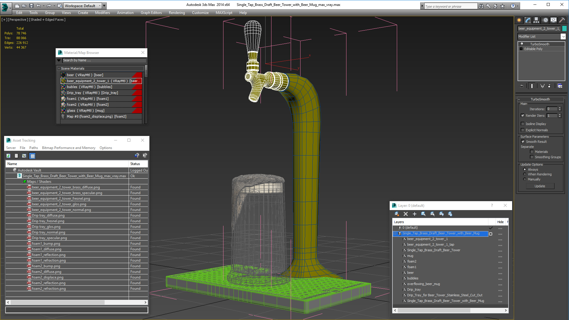 Single Tap Brass Draft Beer Tower with Beer Mug 3D