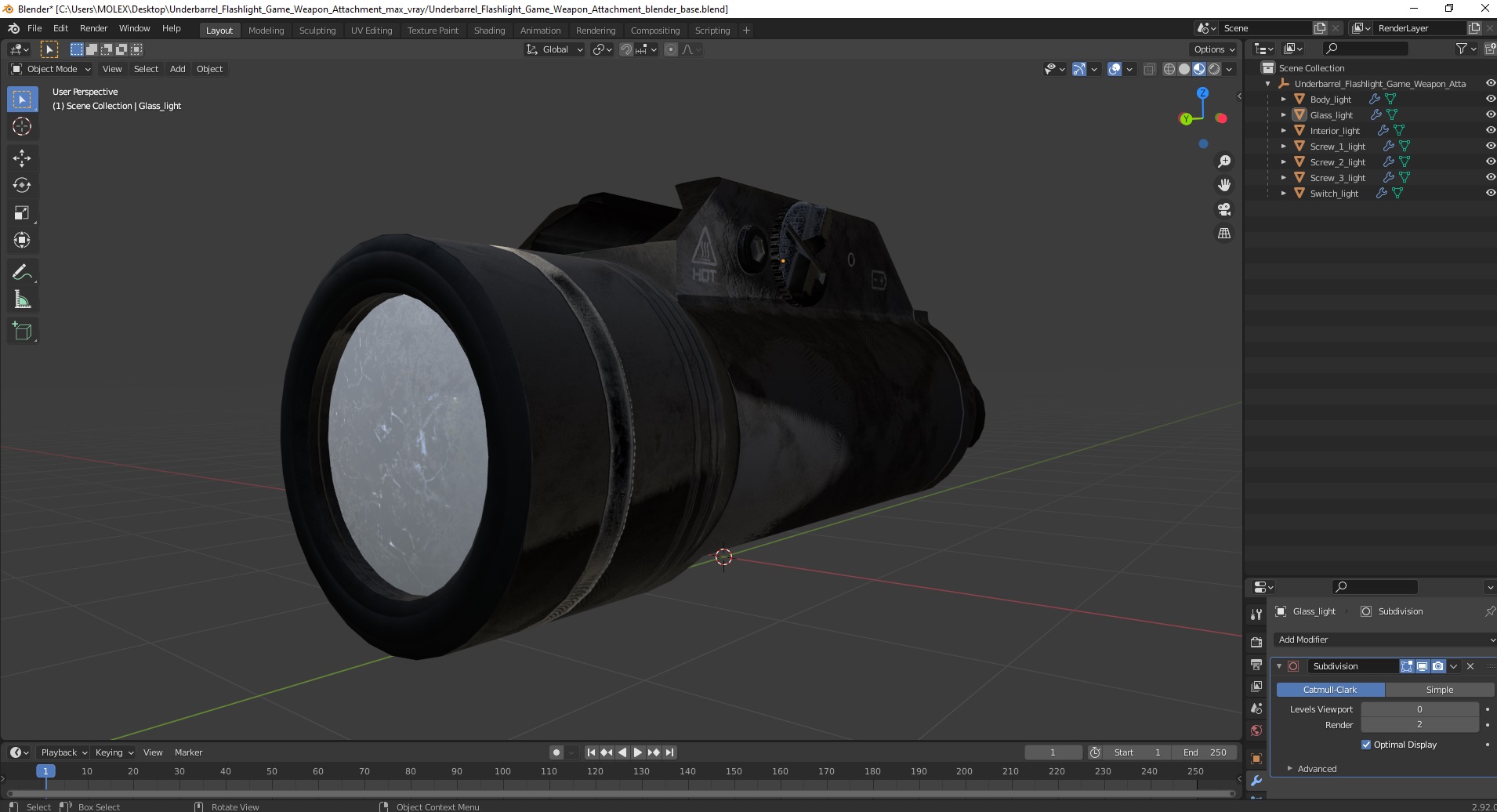 3D model Underbarrel Flashlight Game Weapon Attachment