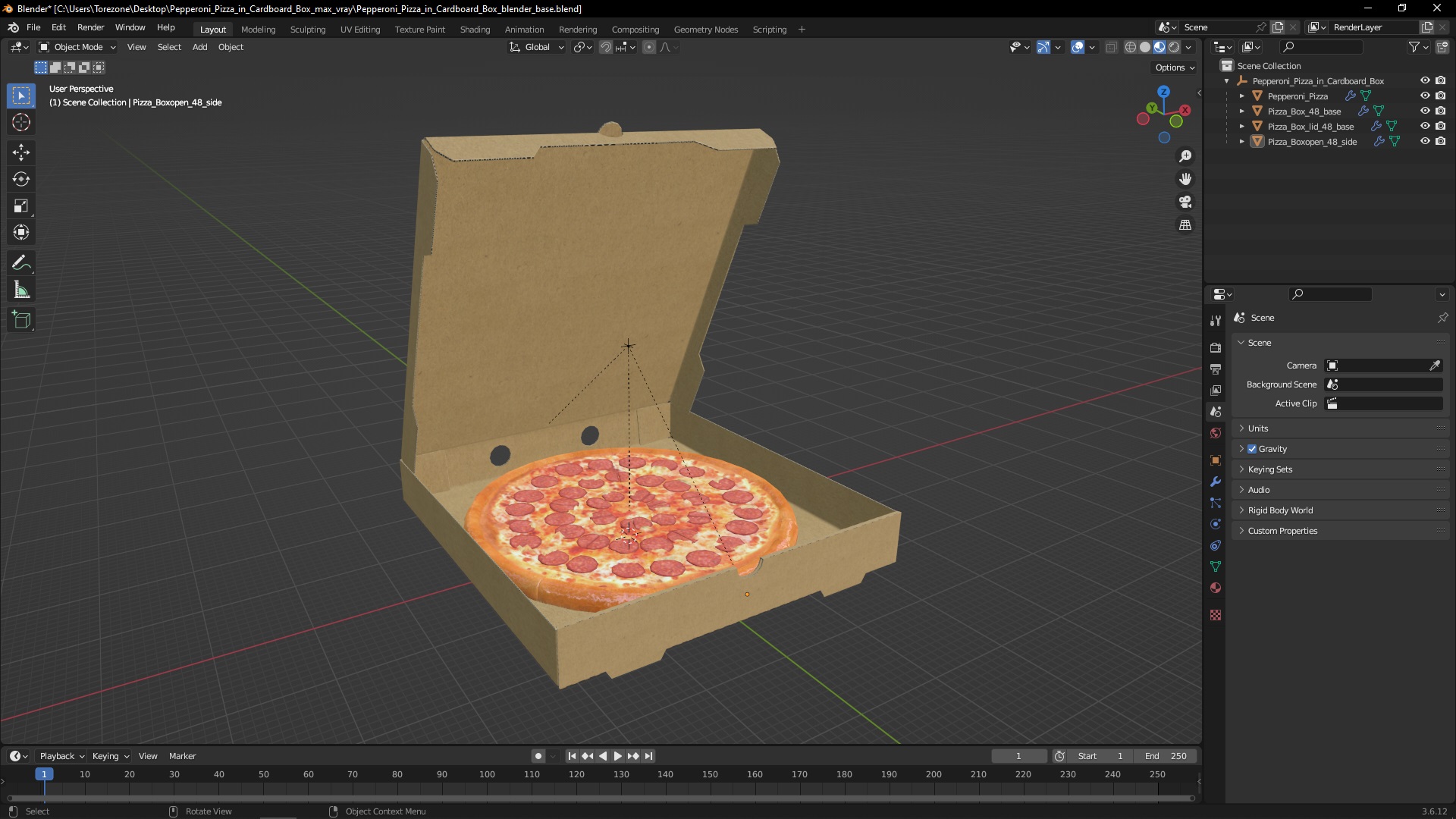 Pepperoni Pizza in Cardboard Box 3D