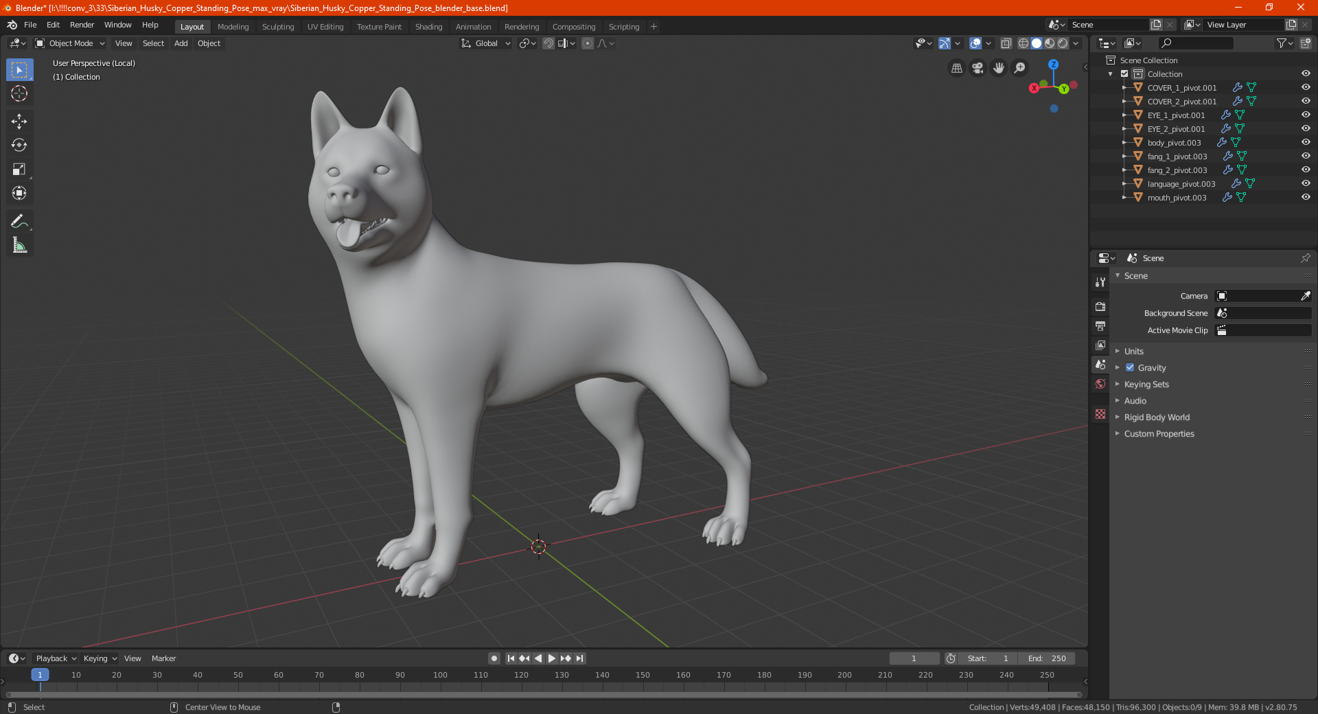 3D Siberian Husky Gray Standing Pose model