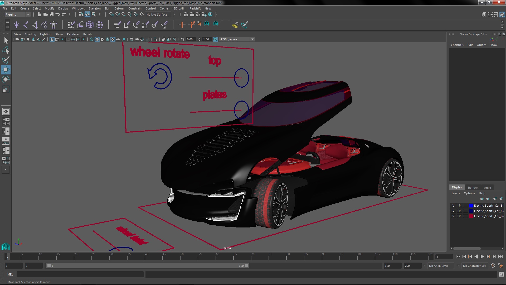 3D Electric Sports Car Black Rigged for Maya