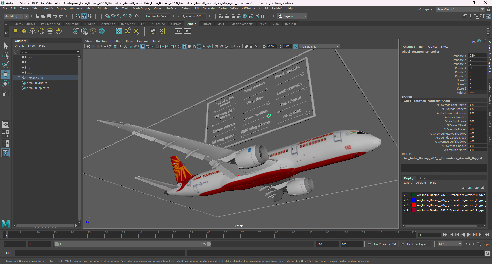 3D Air India Boeing 787-8 Dreamliner Aircraft Rigged for Maya model