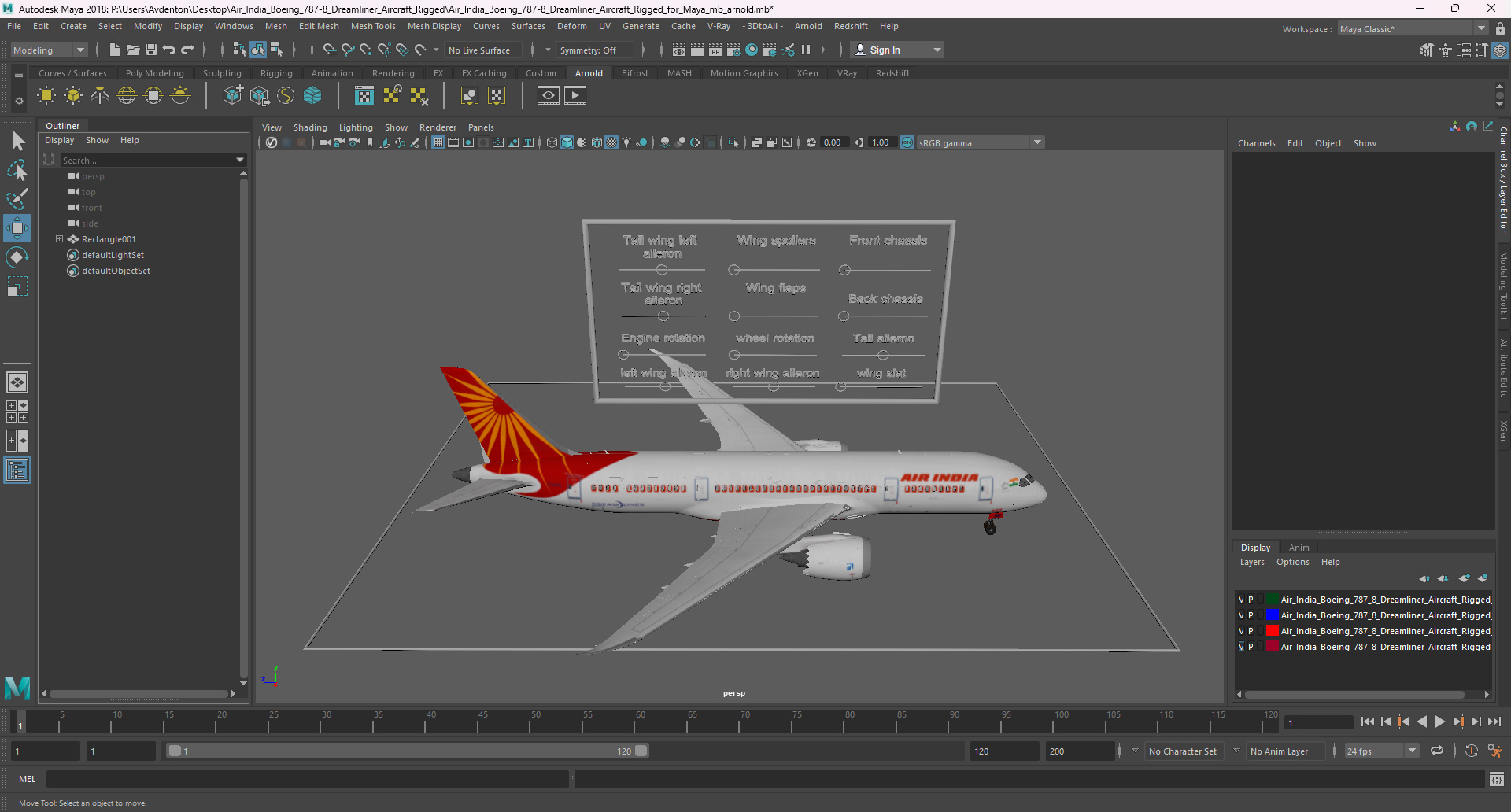 3D Air India Boeing 787-8 Dreamliner Aircraft Rigged for Maya model