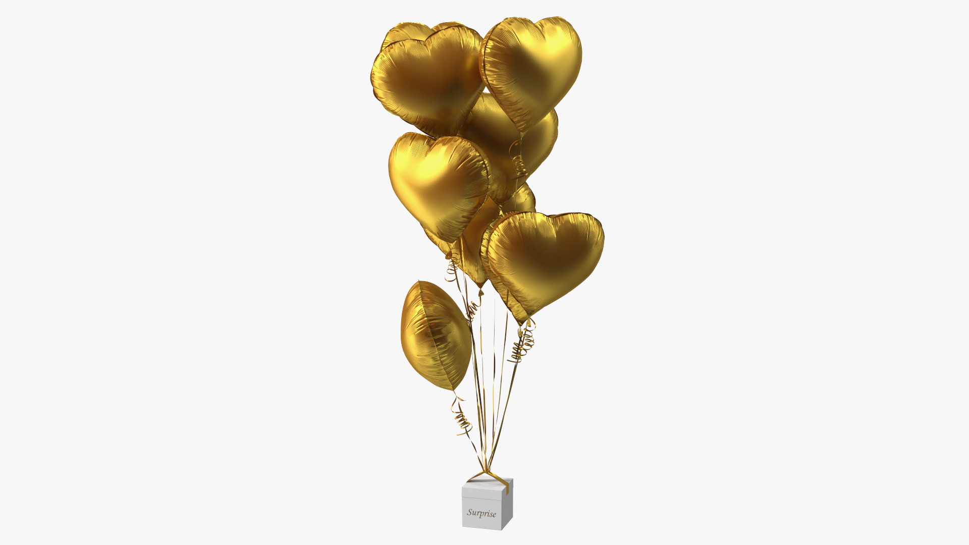 Heart Shaped Matte Gold Balloons Tied to Gift Box 3D model