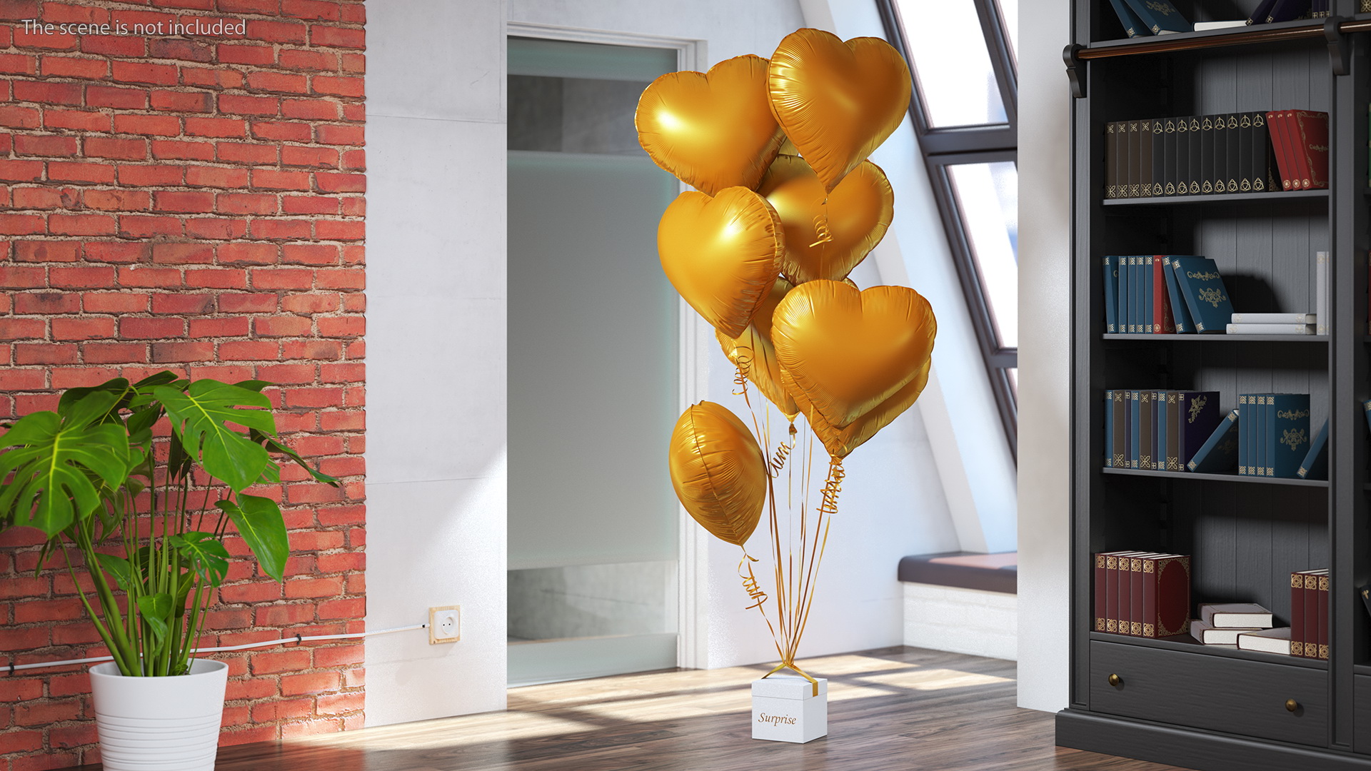 Heart Shaped Matte Gold Balloons Tied to Gift Box 3D model