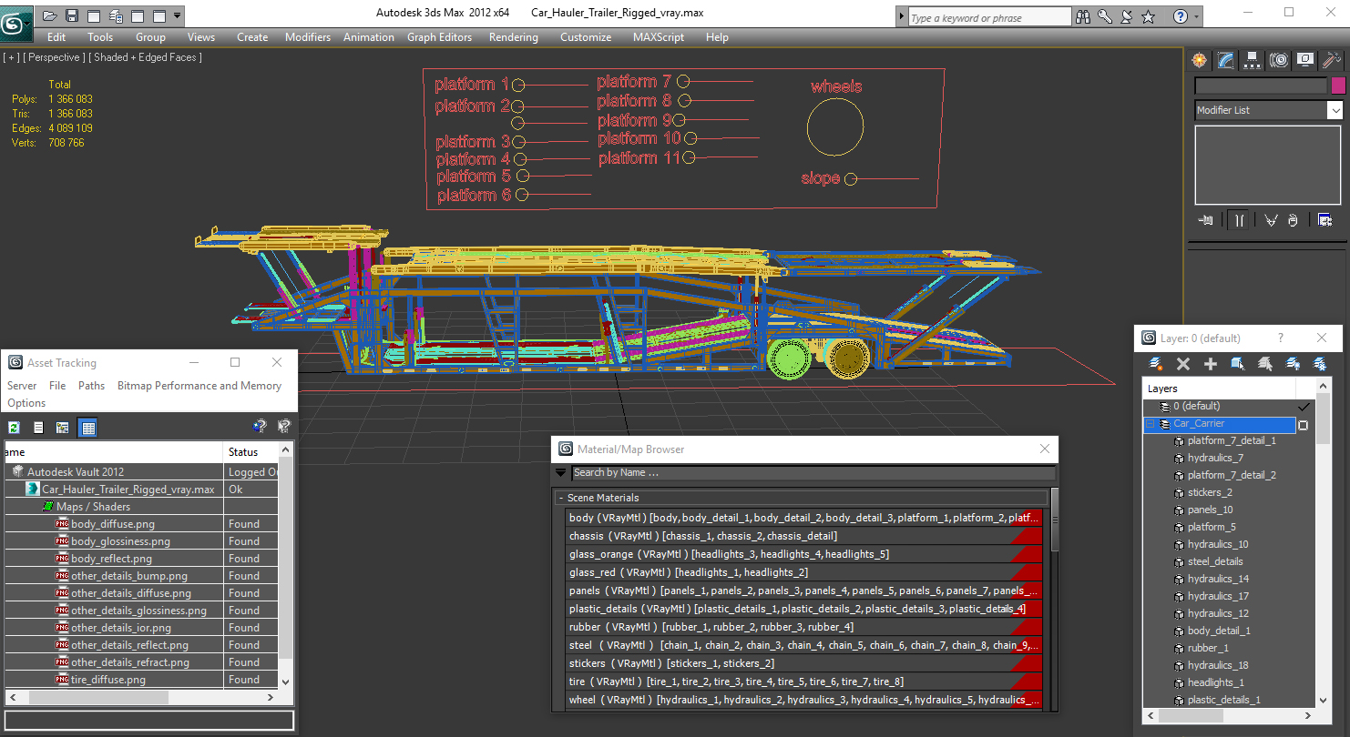 3D model Car Hauler Trailer Rigged