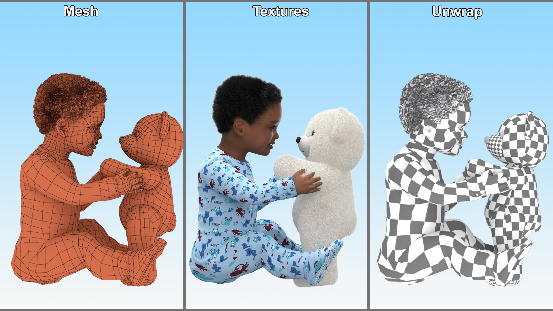 3D African Baby Boy with Teddy Bear Fur