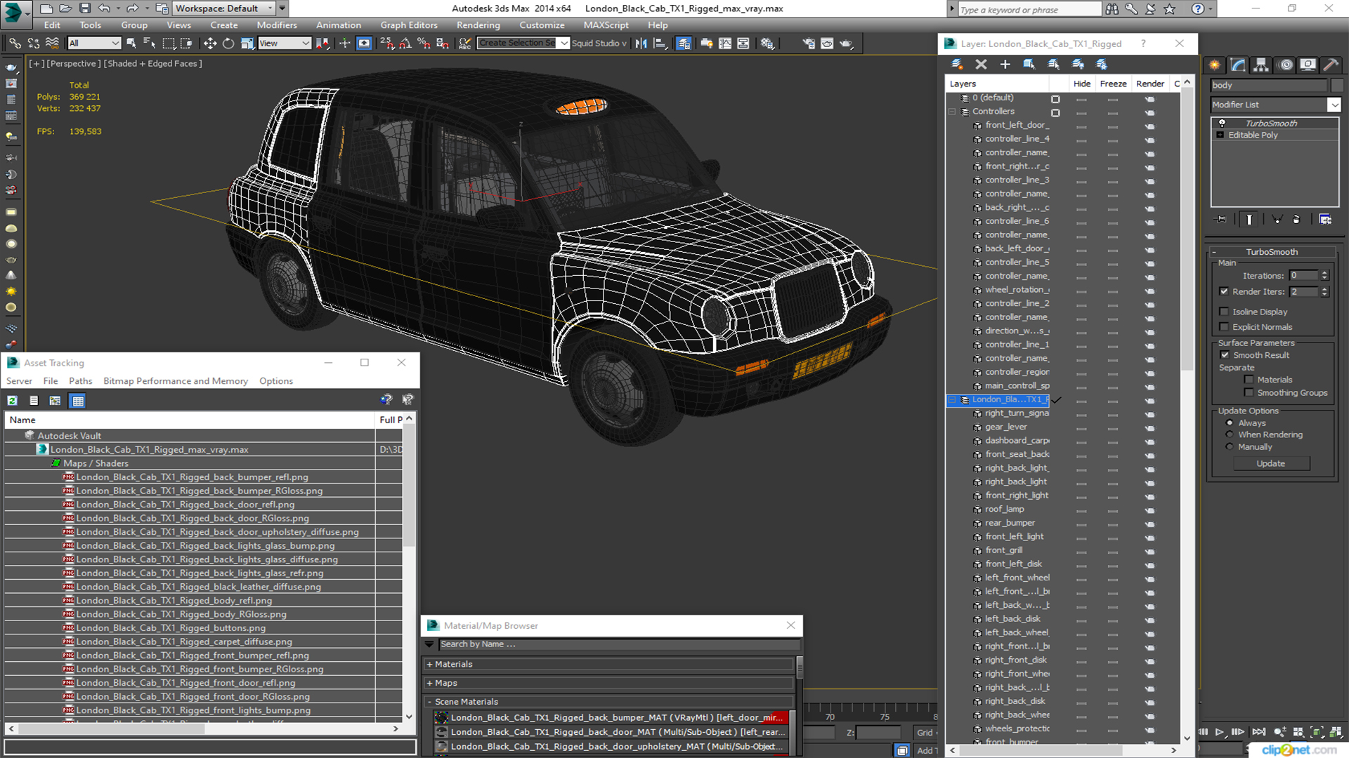 3D London Black Cab TX1 Rigged for Cinema 4D