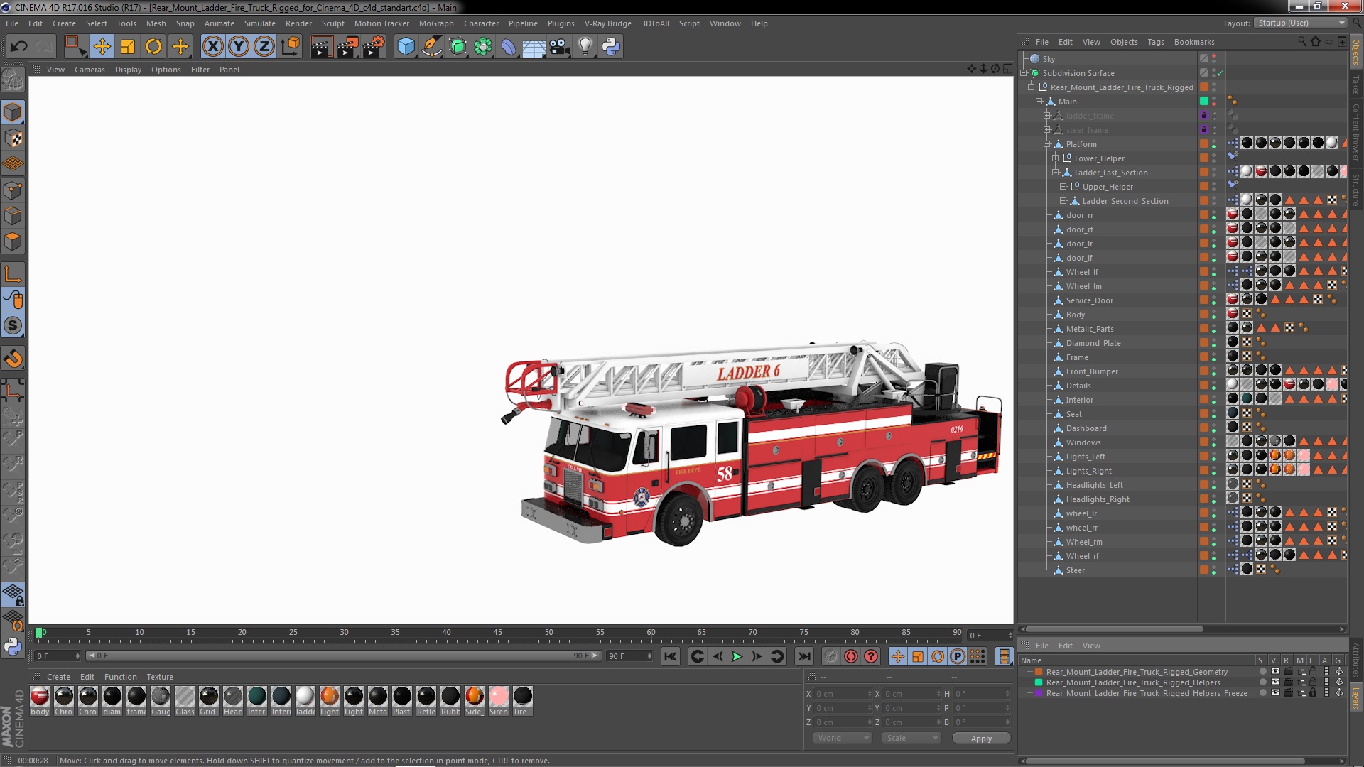 Rear Mount Ladder Fire Truck Rigged for Cinema 4D 3D model