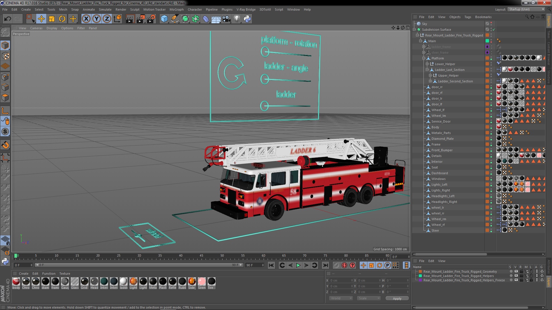 Rear Mount Ladder Fire Truck Rigged for Cinema 4D 3D model