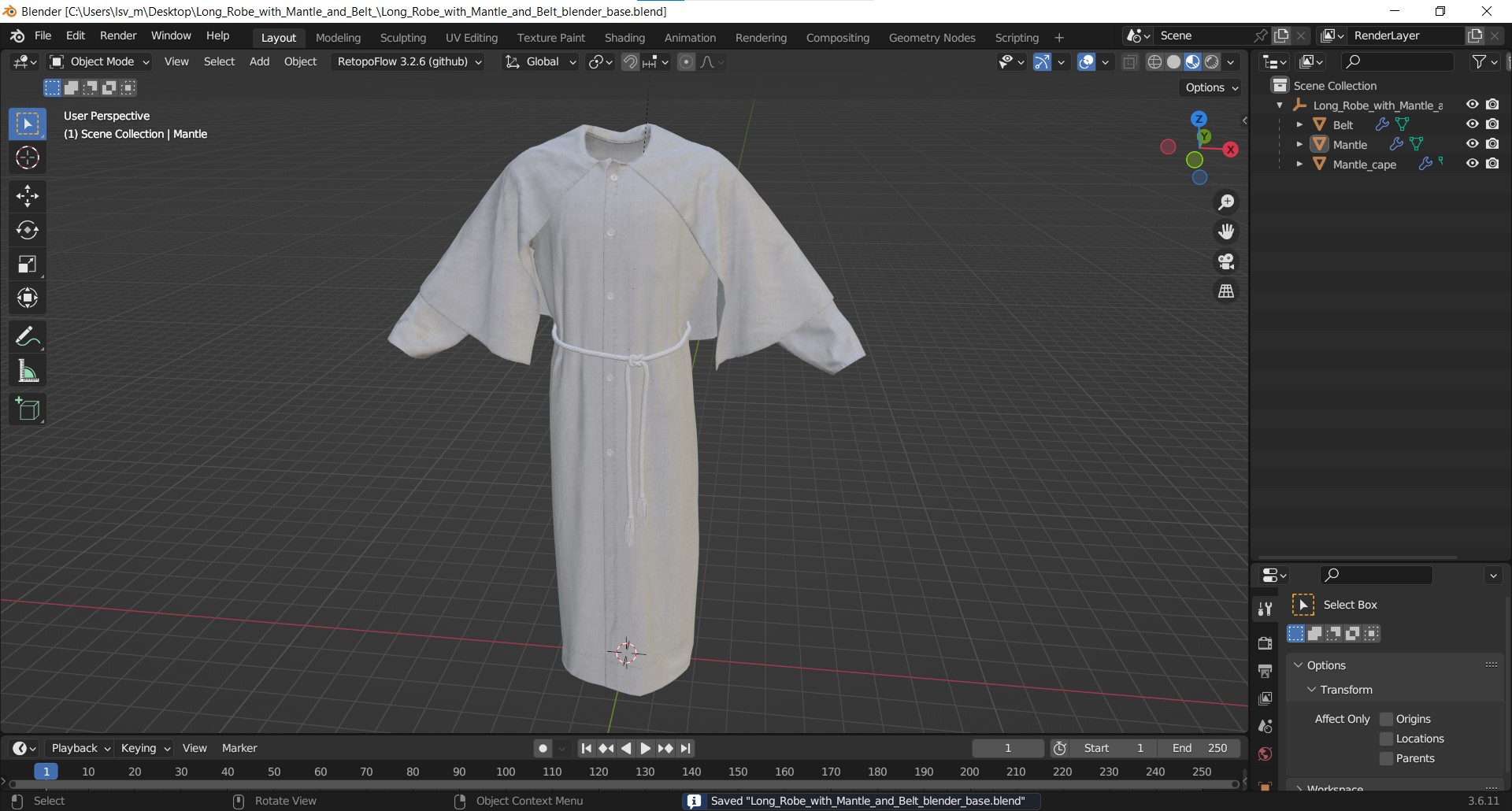 3D model Long Robe with Mantle and Belt