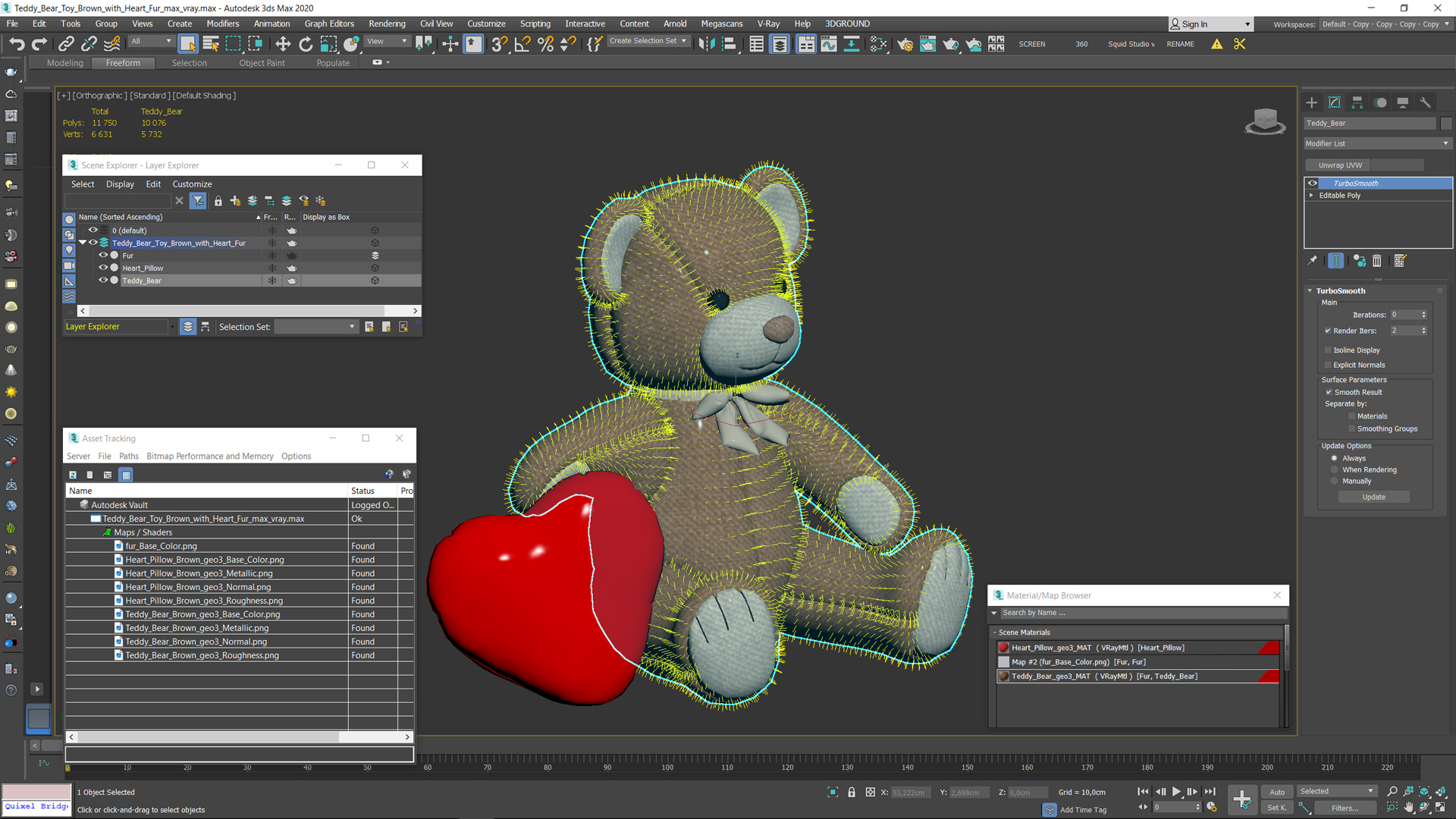 3D model Teddy Bear Toy Brown with Heart Fur