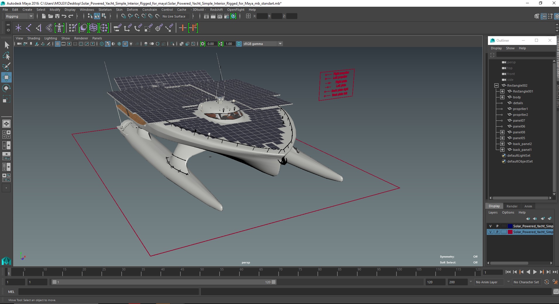 3D Solar Powered Yacht Simple Interior Rigged for Maya