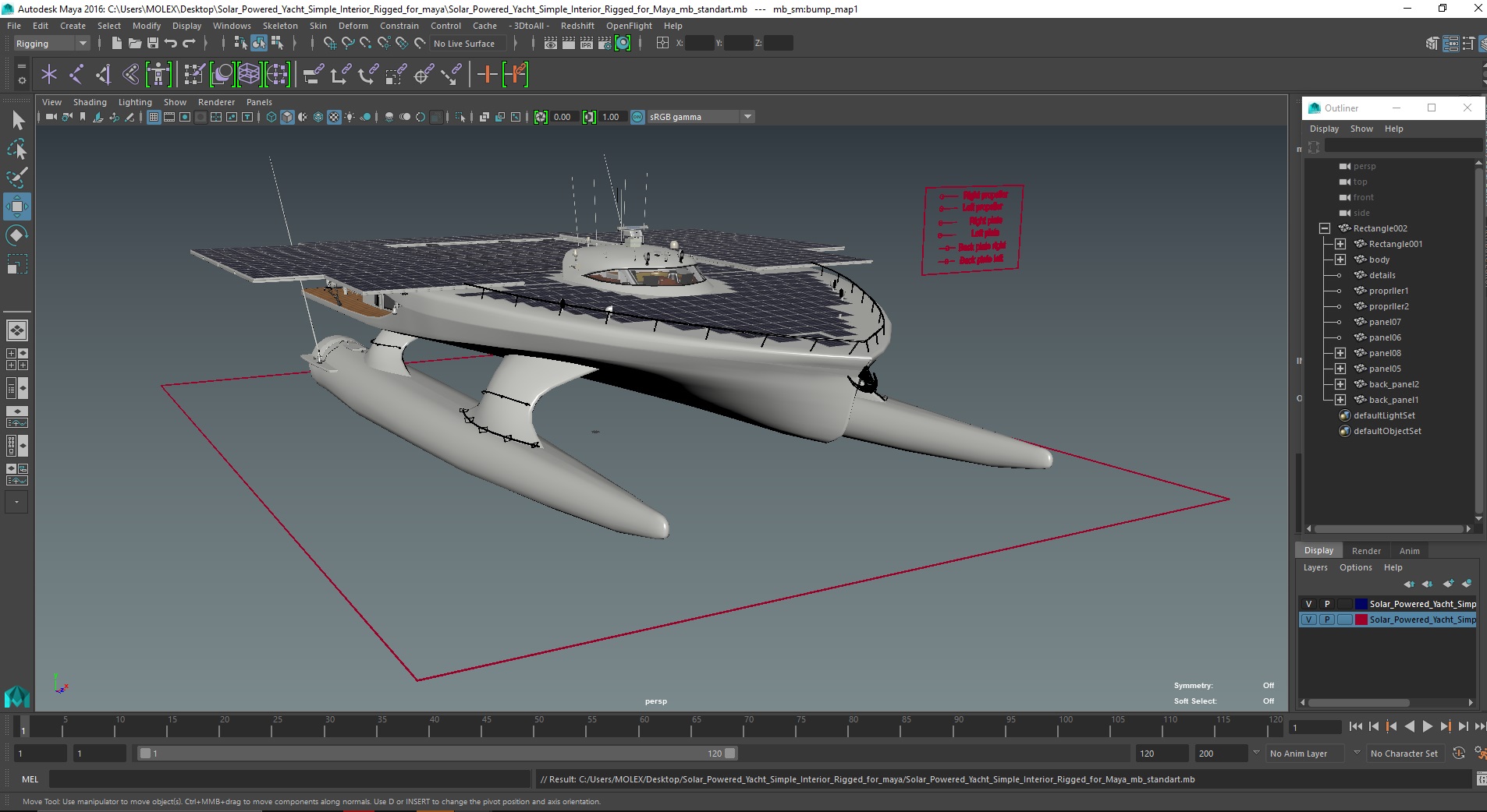 3D Solar Powered Yacht Simple Interior Rigged for Maya