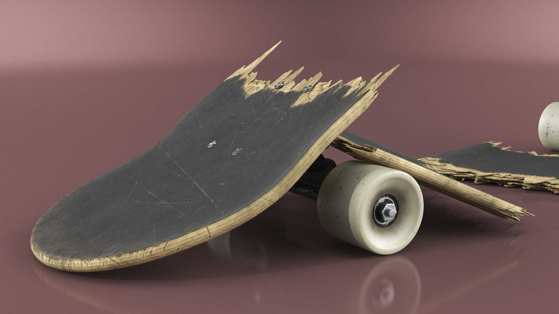 Skateboard Shattered into Pieces 3D