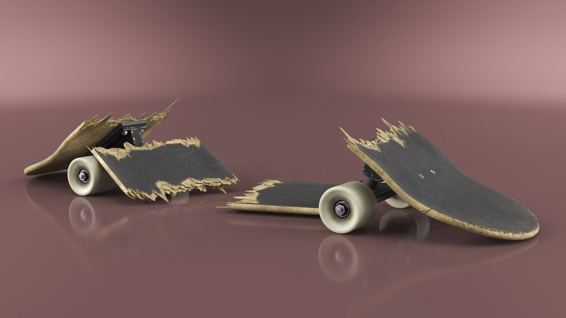 Skateboard Shattered into Pieces 3D