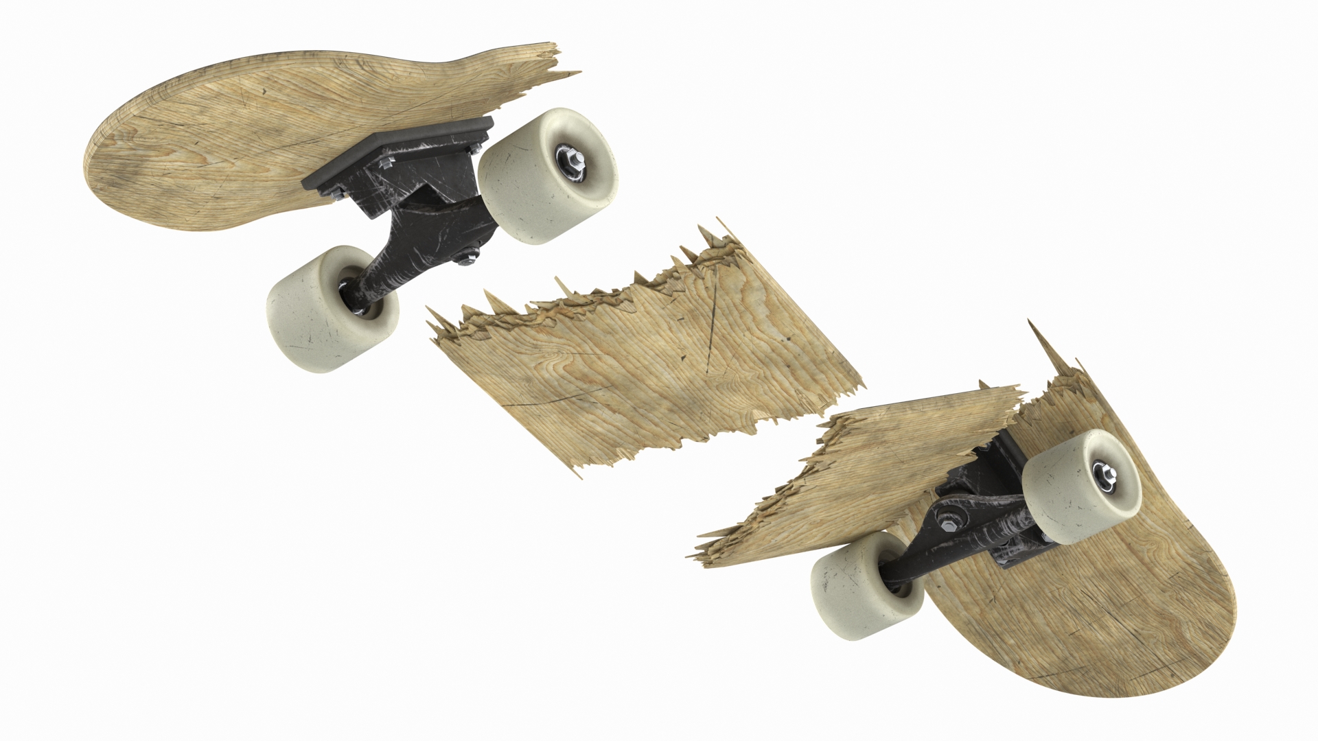 Skateboard Shattered into Pieces 3D