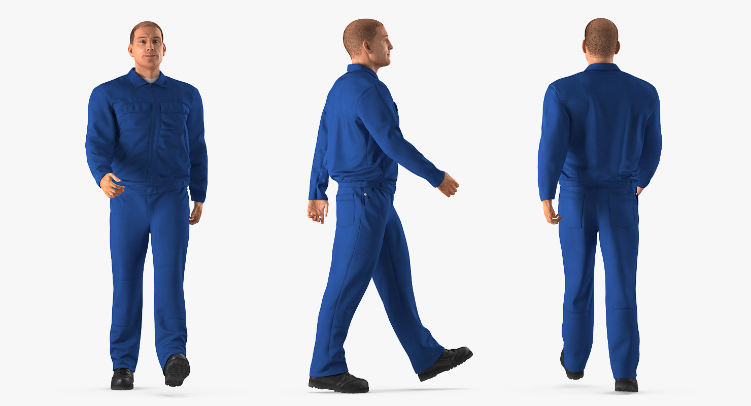 3D Worker In Blue Overalls Walking Pose