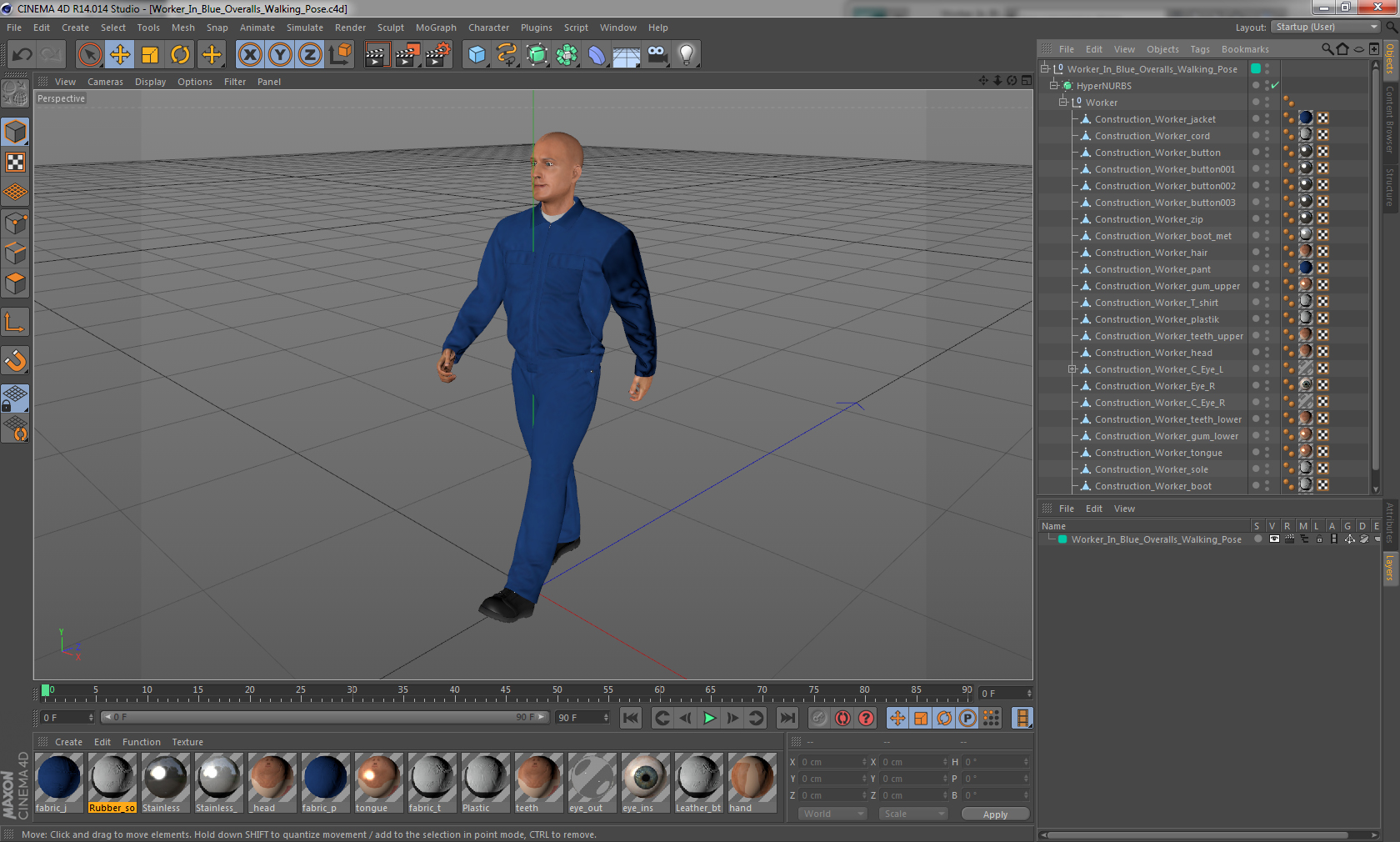 3D Worker In Blue Overalls Walking Pose