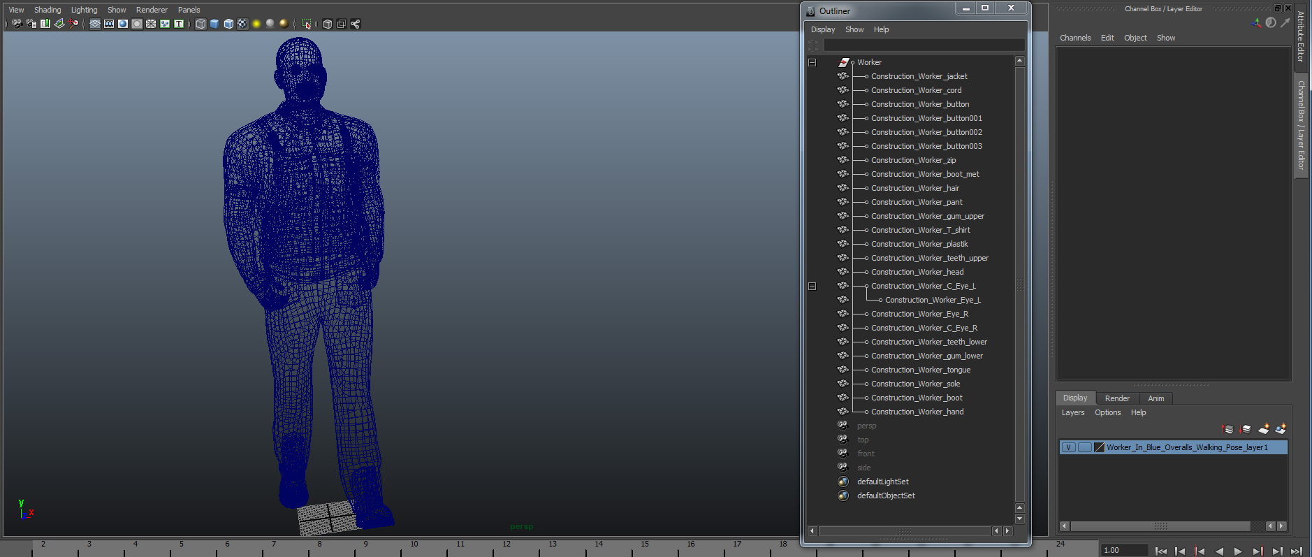 3D Worker In Blue Overalls Walking Pose