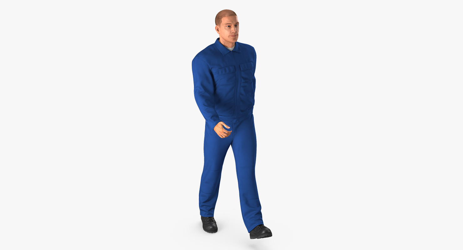 3D Worker In Blue Overalls Walking Pose