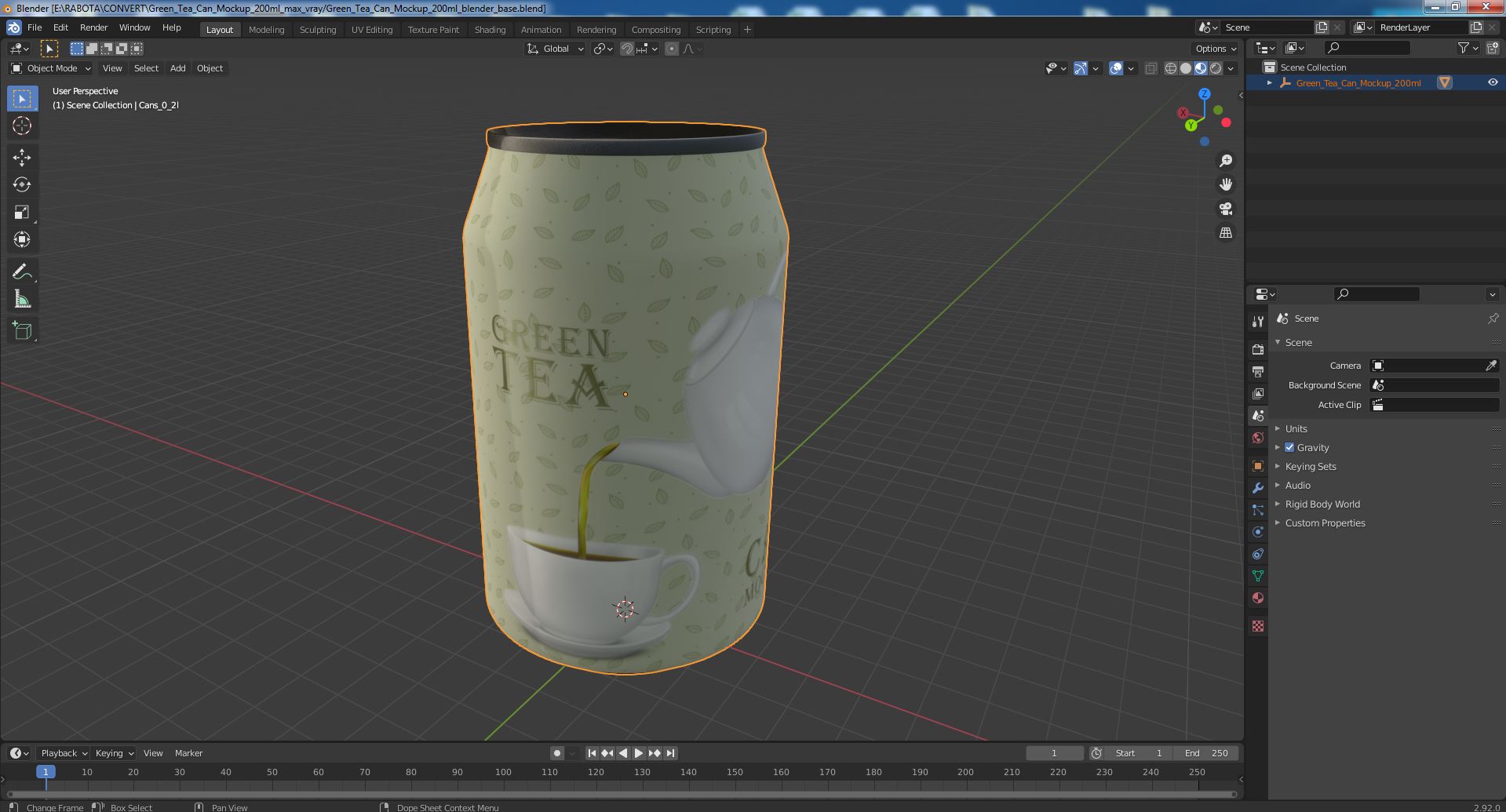 3D Green Tea Can Mockup 200ml