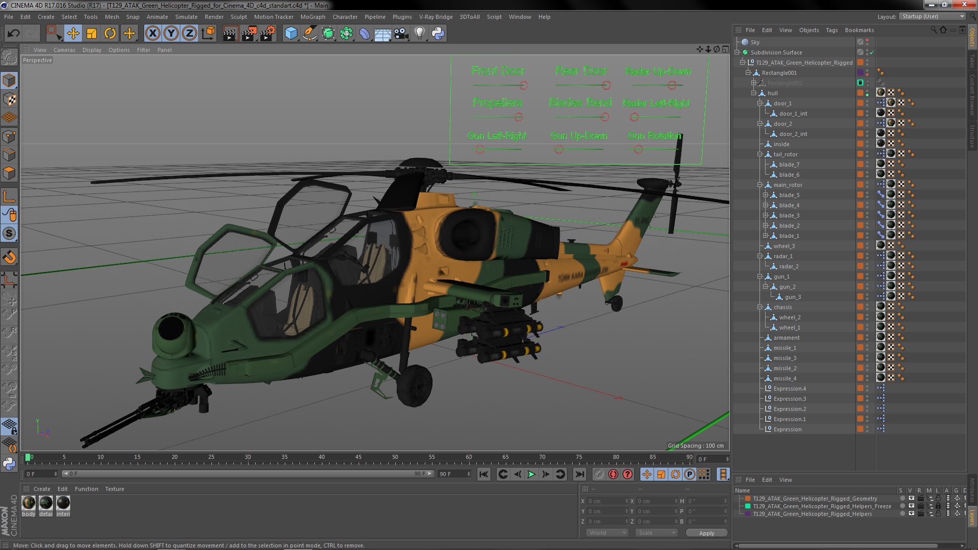 T129 ATAK Green Helicopter Rigged for Cinema 4D 3D